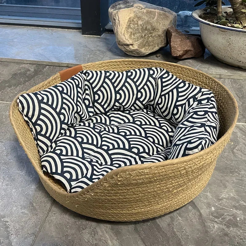 Pet Bed Soft Hand Woven Bamboo Bed suitable for ALL seasons , Cozy Nest Baskets Waterproof Removable Cushion 