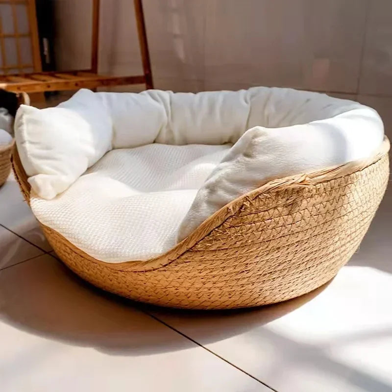 Pet Bed Soft Hand Woven Bamboo Bed suitable for ALL seasons , Cozy Nest Baskets Waterproof Removable Cushion 
