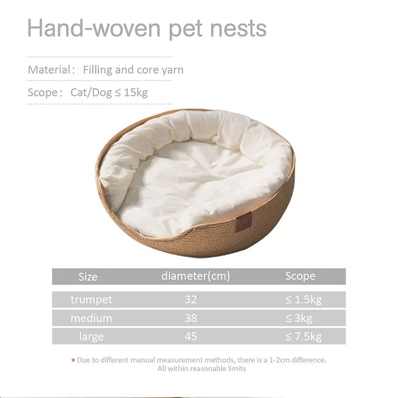 Pet Bed Soft Hand Woven Bamboo Bed suitable for ALL seasons , Cozy Nest Baskets Waterproof Removable Cushion 