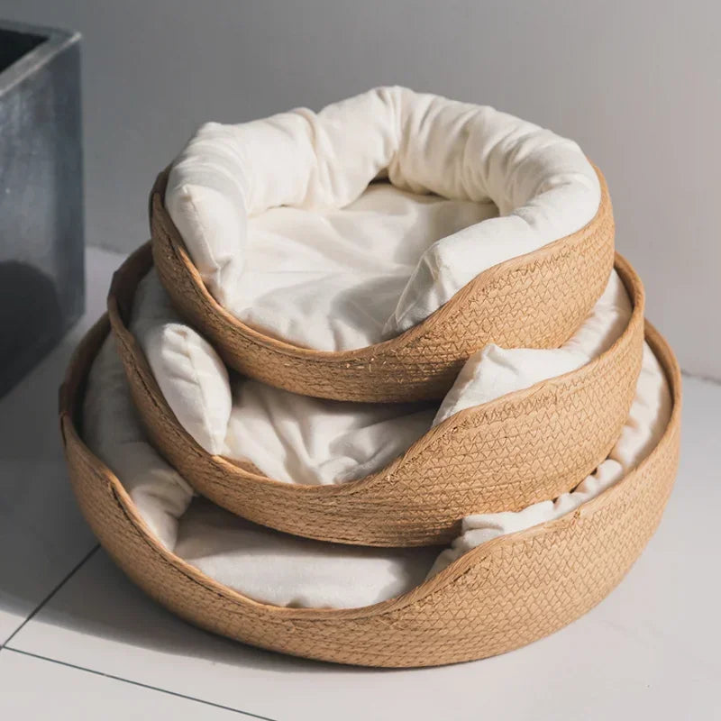 Pet Bed Soft Hand Woven Bamboo Bed suitable for ALL seasons , Cozy Nest Baskets Waterproof Removable Cushion 