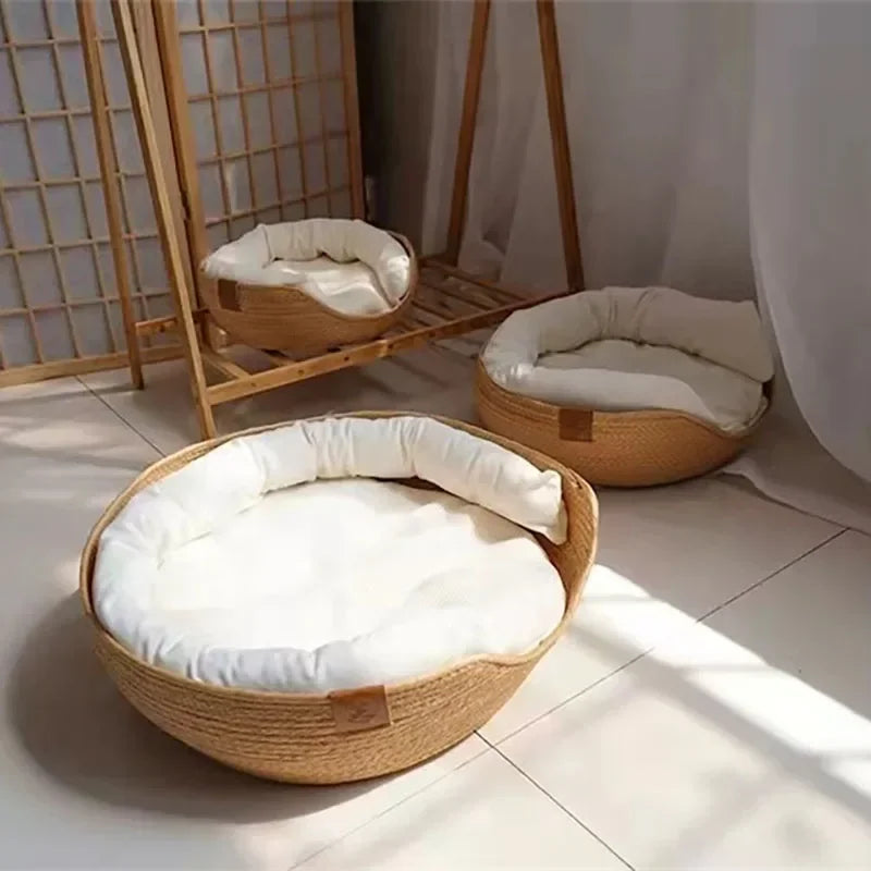 Pet Bed Soft Hand Woven Bamboo Bed suitable for ALL seasons , Cozy Nest Baskets Waterproof Removable Cushion 