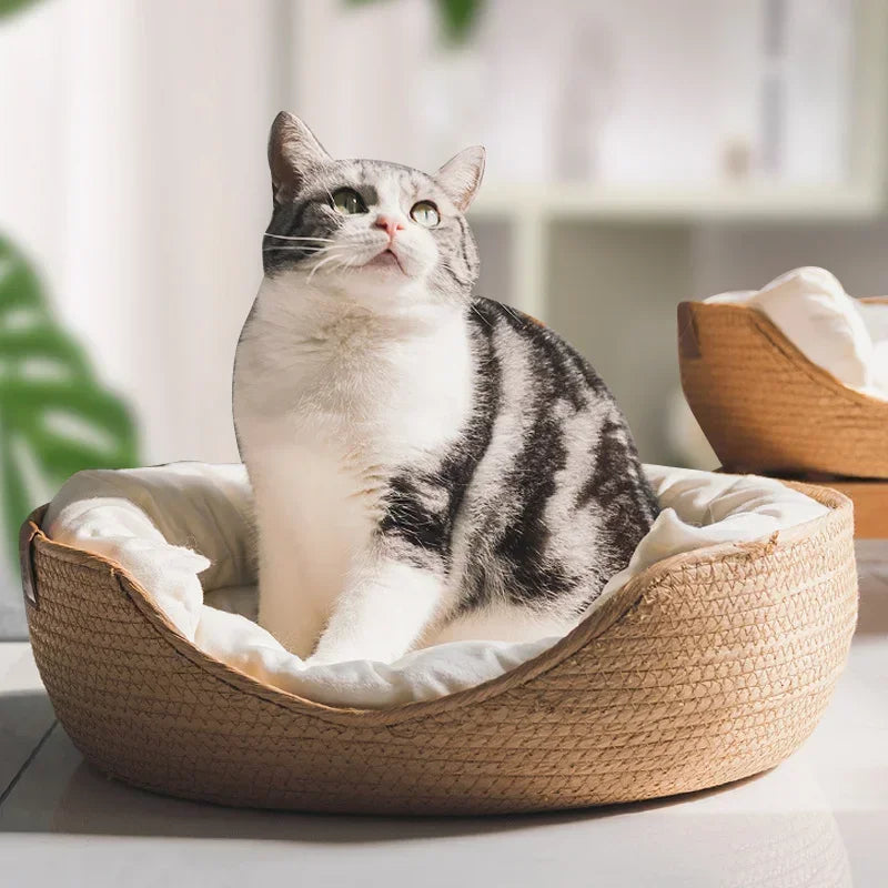 Pet Bed Soft Hand Woven Bamboo Bed suitable for ALL seasons , Cozy Nest Baskets Waterproof Removable Cushion 